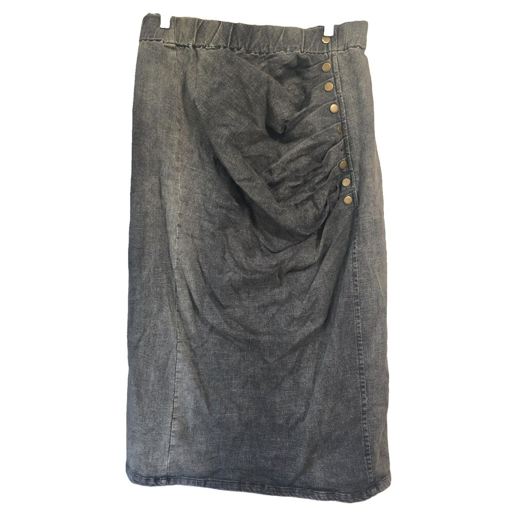 Ellie Makir New York Gray Denim Midi Skirt Large Ruched Snap Detail NWT